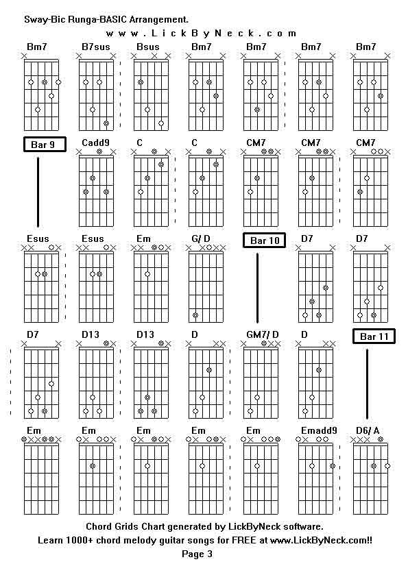 Chord Grids Chart of chord melody fingerstyle guitar song-Sway-Bic Runga-BASIC Arrangement,generated by LickByNeck software.